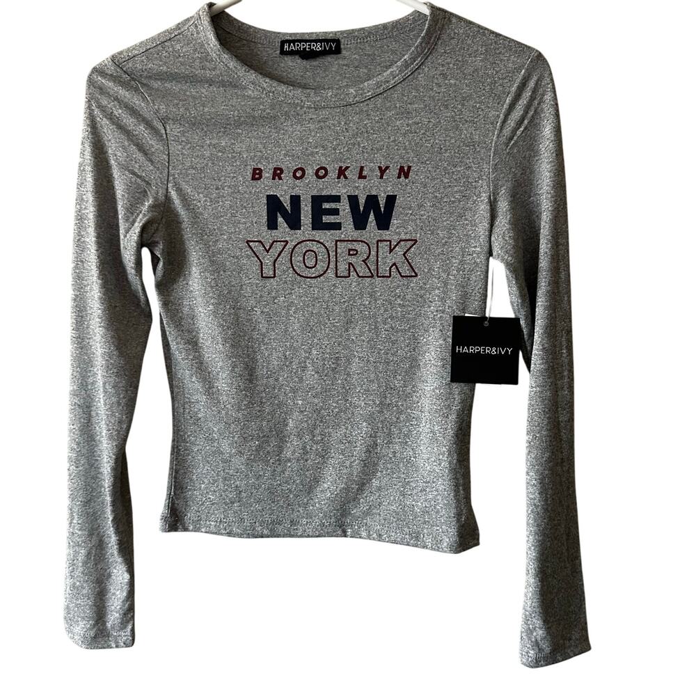 NEW Harper & Ivy Gray Long Sleeve Juniors Brooklyn New York T Shirt Sz S